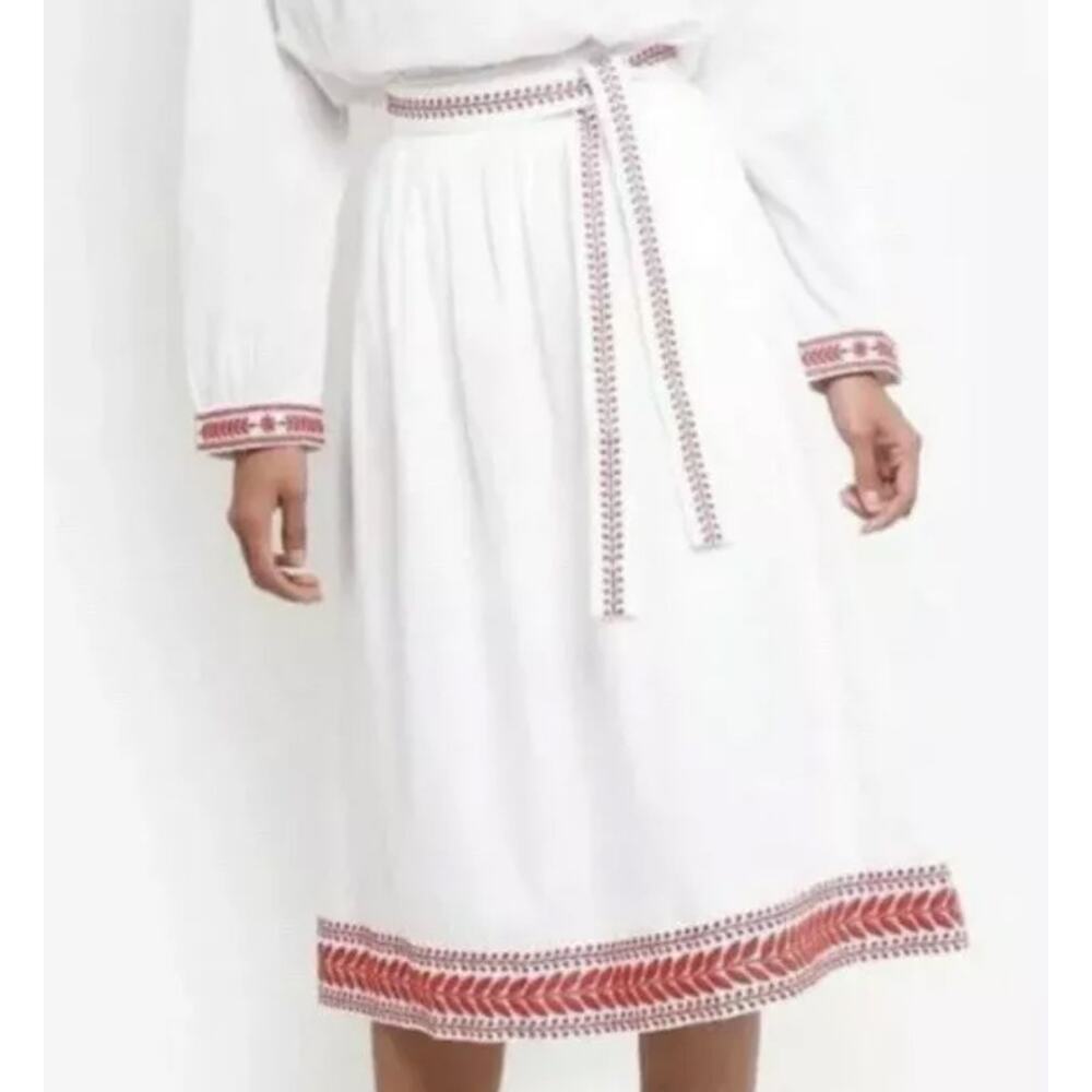 J. Crew Women's Midi Pleated Aline Full Skirt Tie Belt‎ White Red Embroidery NWT